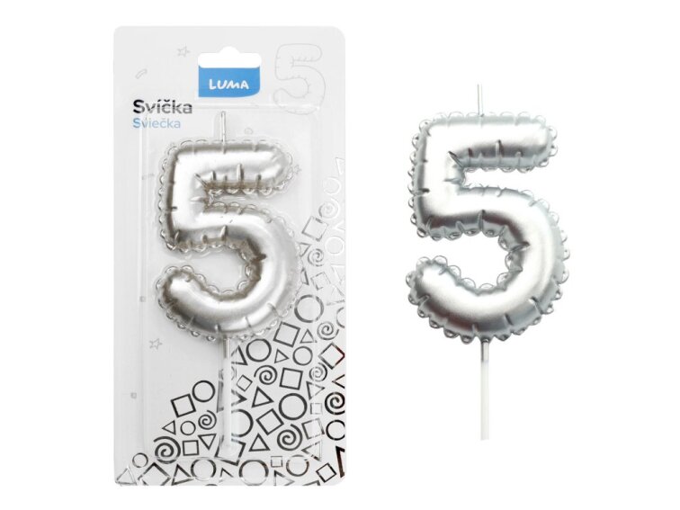 Svíčka č. 5 balónek STŘÍBRNÝ