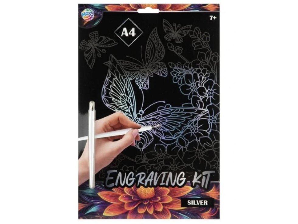 Škrabací obrázek stříbrný, A4 - motýl