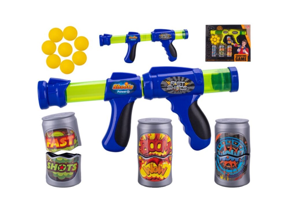 Pistole 42cm na natažení s pěnovými náboji 8ks a plechovkami 3ks