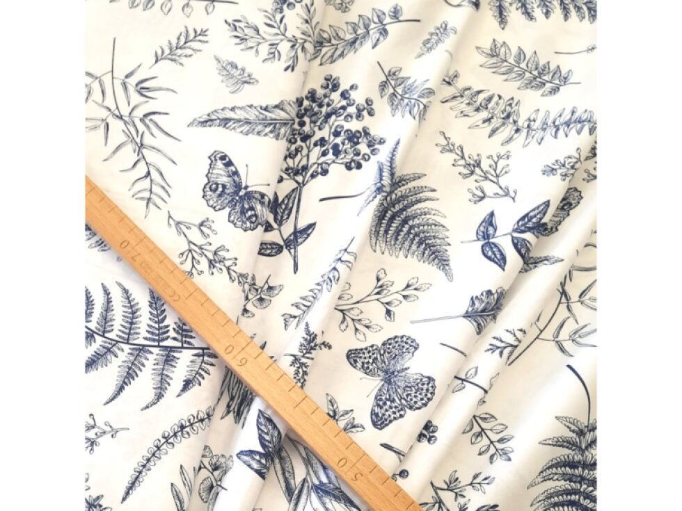 Plátno - Modré kapradiny na bílé š.160