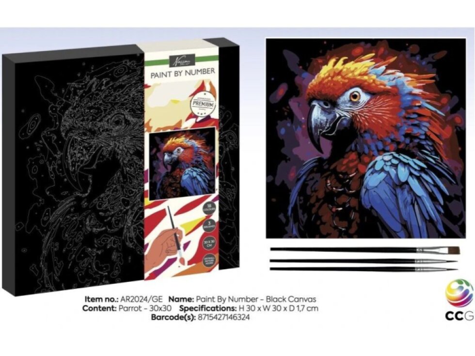 Malování podle čísel 30 x 30 cm na černé plátno - papoušek