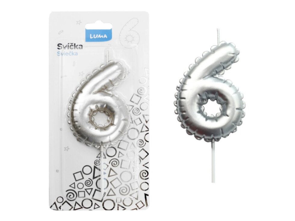 Svíčka č. 6 balónek STŘÍBRNÝ