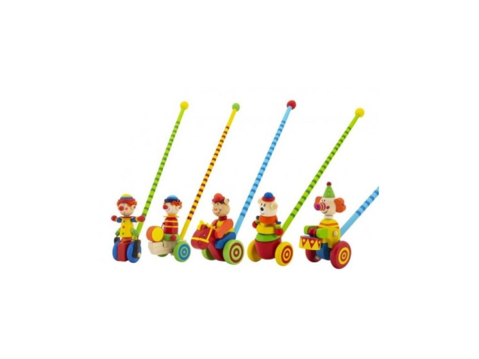 Strkadlo klaun tlačící 60cm dřevo s tyčkou, 12m+ - MIX