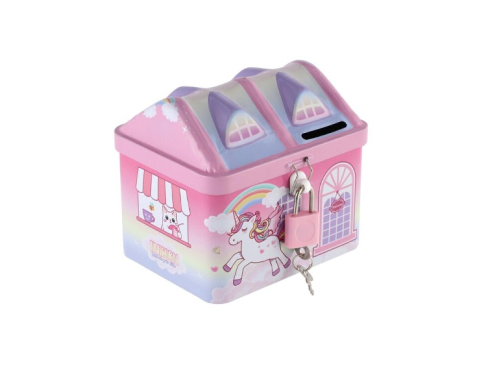 Pokladnička domeček jednorožec plechová se zámkem 11x9cm