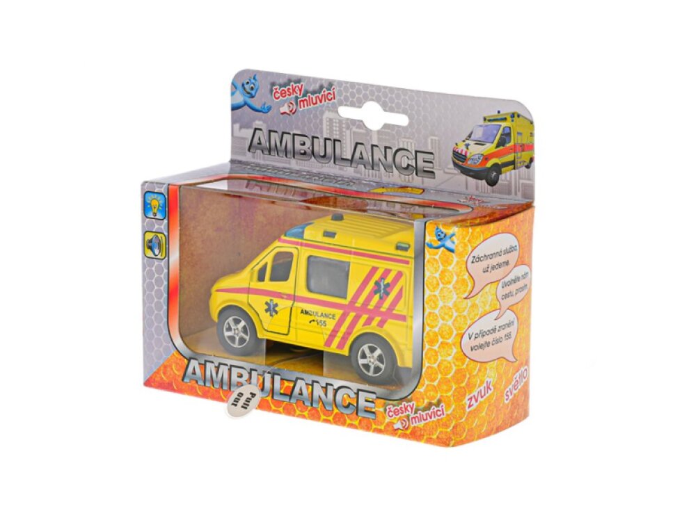Traffic ambulance CZ 11cm kov zpětný chod na baterie česky mluvící se světlem v krabičce
