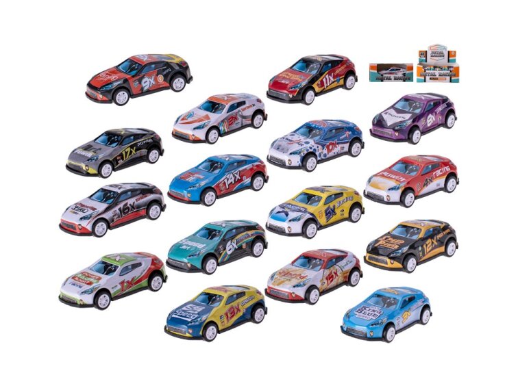 Auto závodní 6,5cm kov zpětný chod v 16druhů v krabičce