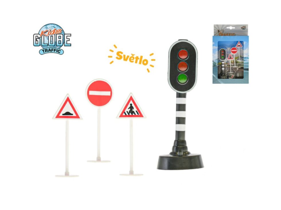 Kids Globe Traffic semafor 13cm na baterie se světlem + 3 značky v krabičce