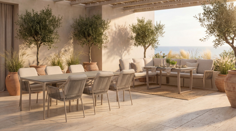 LIV jídelní stůl champagne, deska stolu Trespa Travertín 150