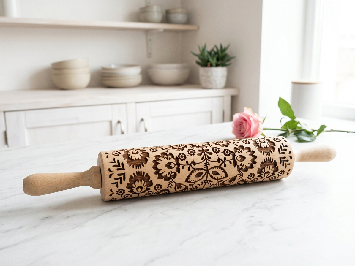 Dřevěný váleček Folk Flowers s květinovým reliéfem