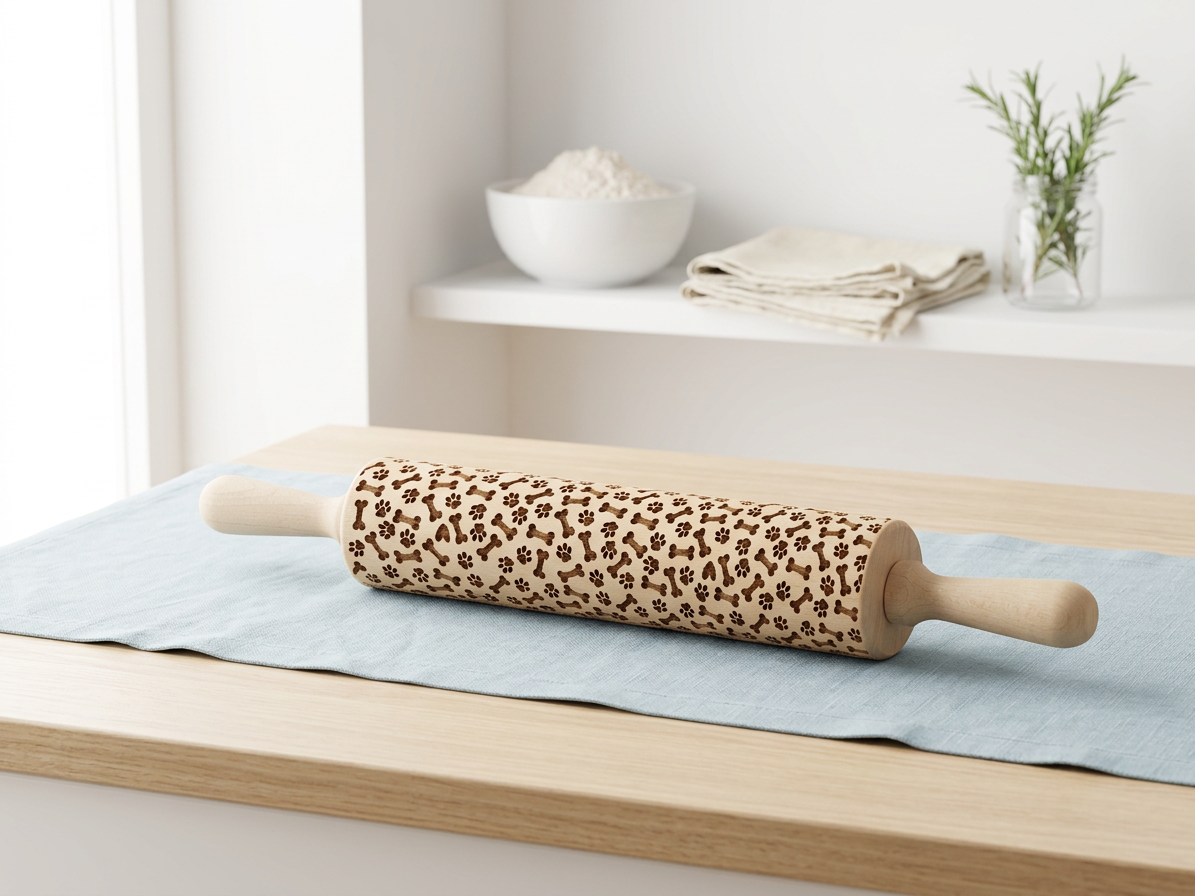 Dřevěný ozdobný váleček 42 cm na těsto – Tlapky a kosti