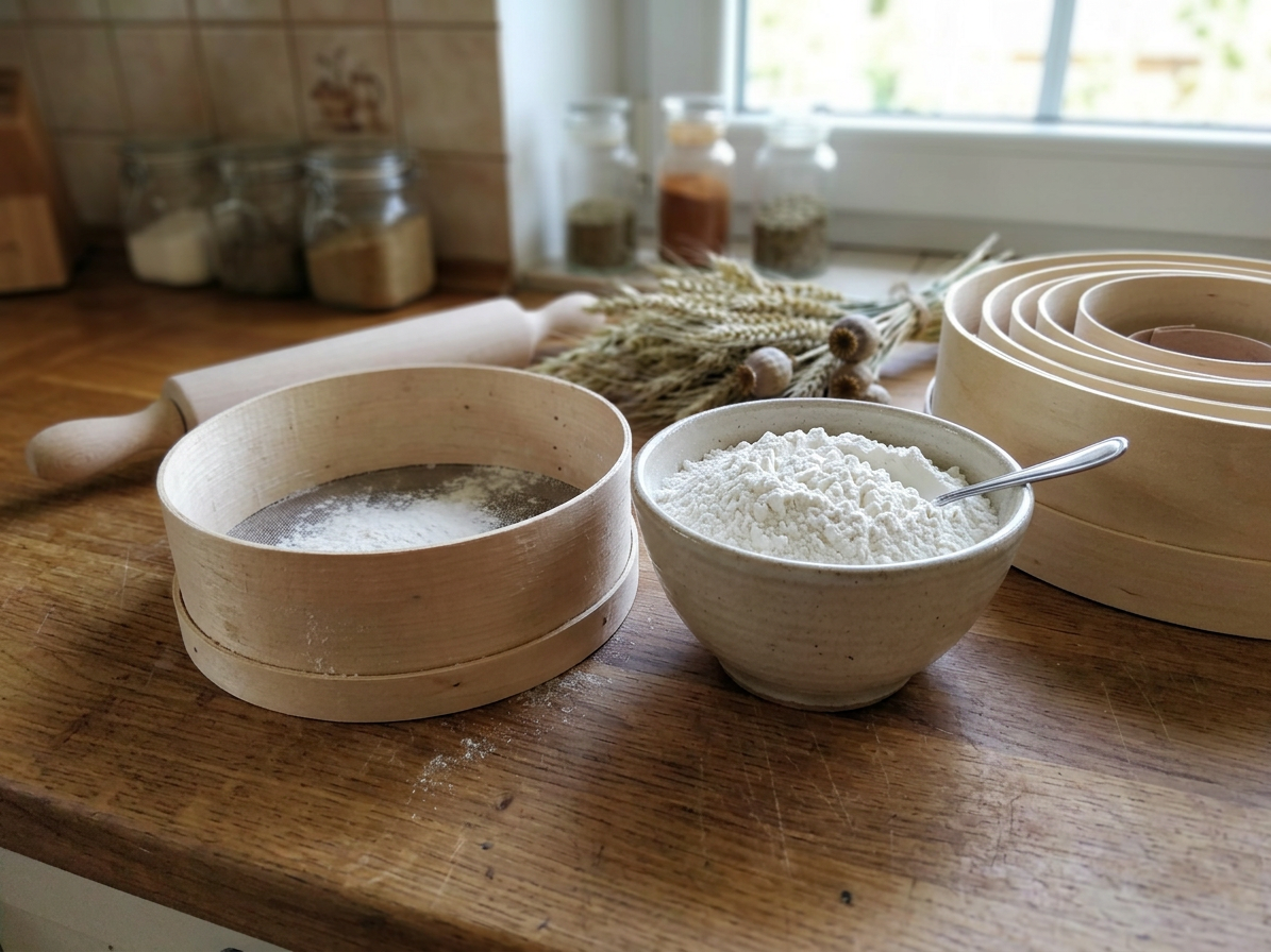 Dřevěné síto na mouku s drátěnou síťkou – různé velikosti
