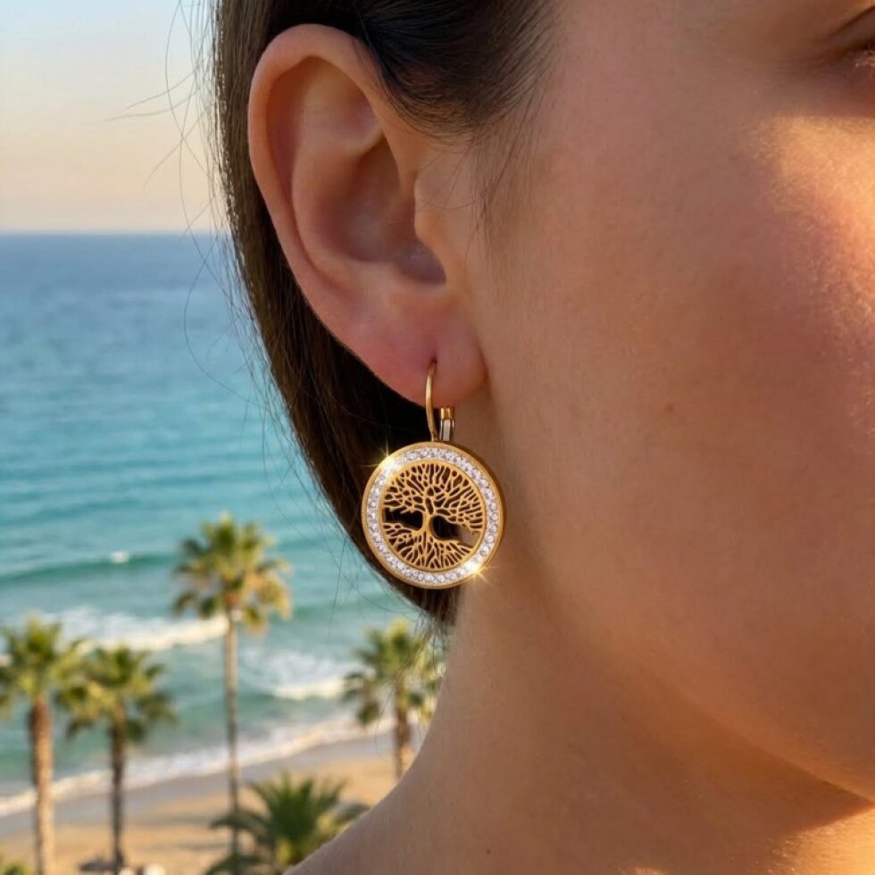 Elegantní Ocelové Náušnice Strom Života Gold s Krystaly