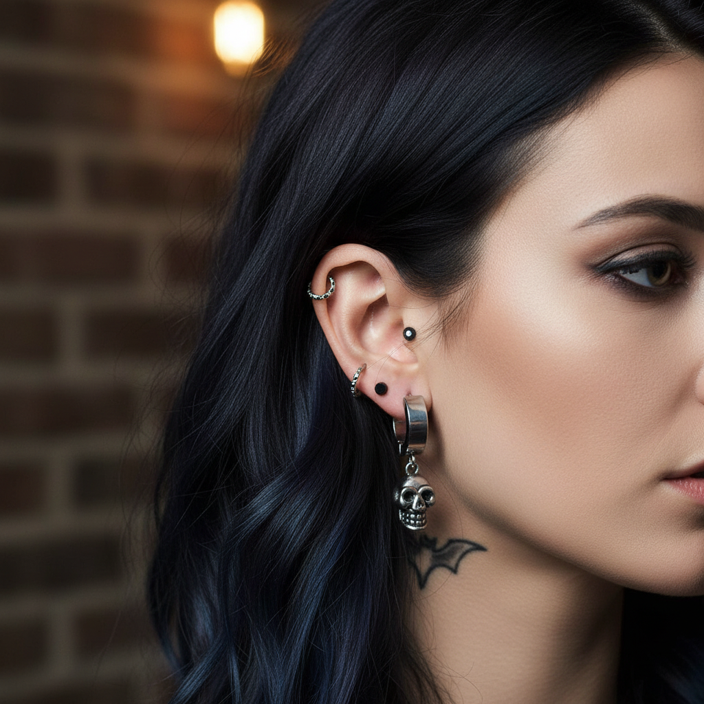 Ocelové náušnice kroužky s lebkou