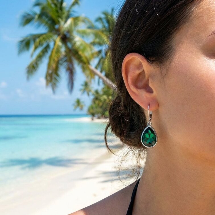 Green náušnice slzy z chirurgické oceli SL667