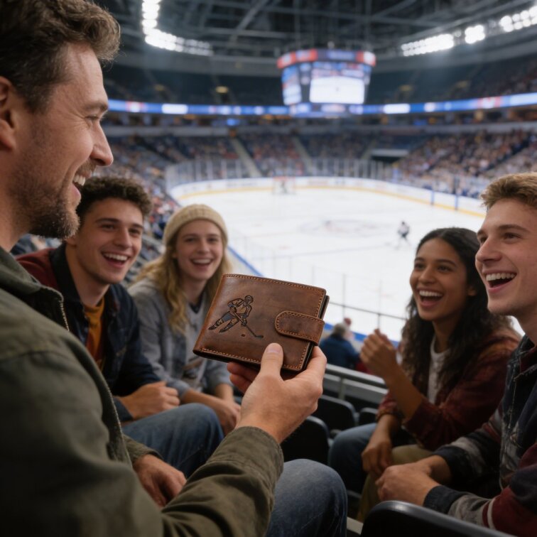 Pánská kožená peněženka hnědá s motivem hokejista