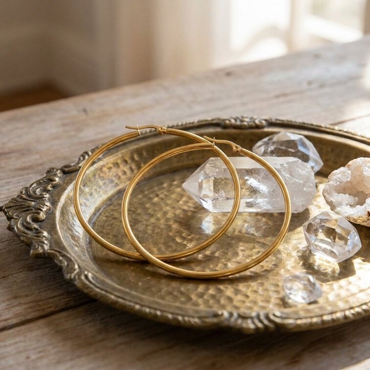 Náušnice ocelové kruhy zlaté 6,5 cm