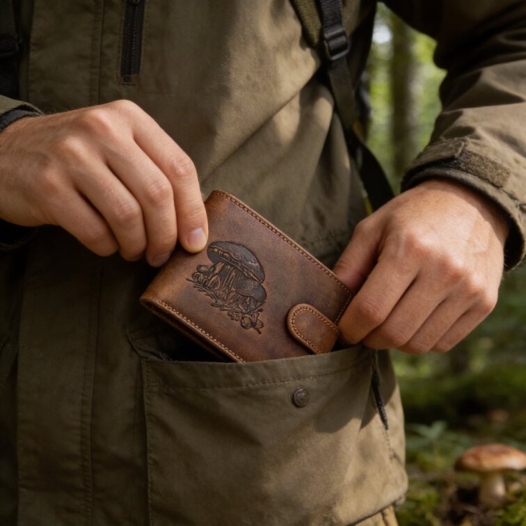 Pánská kožená peněženka hnědá s motivem Houby