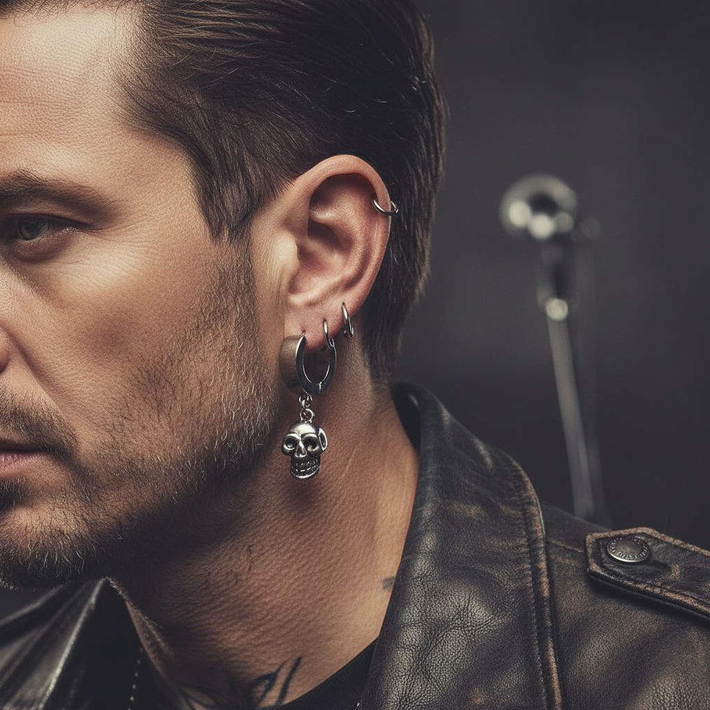 Ocelové náušnice kroužky s lebkou