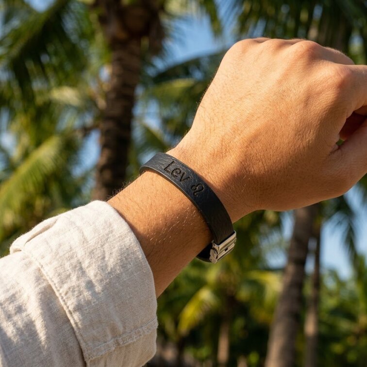 Pánský kožený náramek černý se znamením Lev