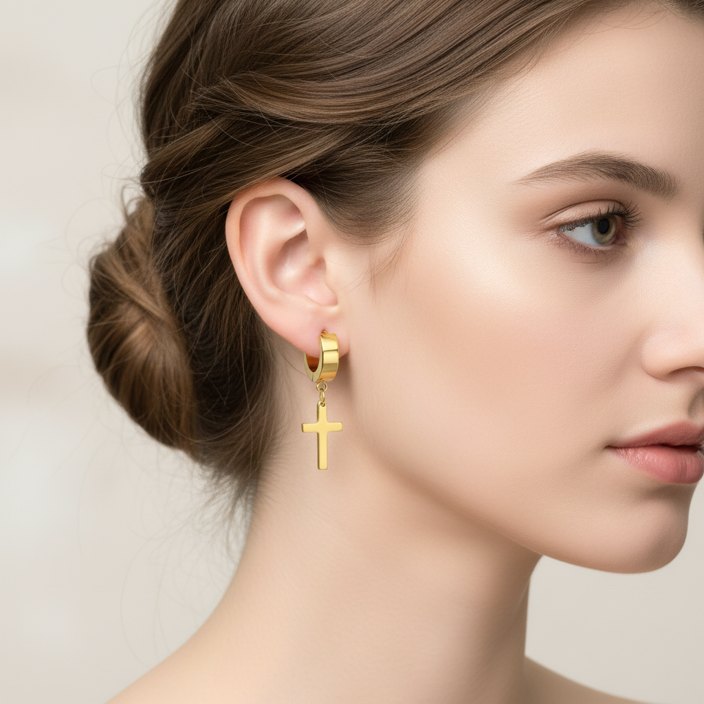 Náušnice z oceli s křížkem 10x15 mm Gold