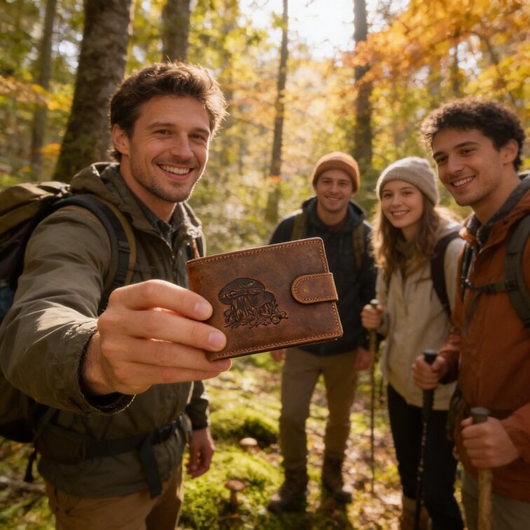 Pánská kožená peněženka hnědá s motivem Houby