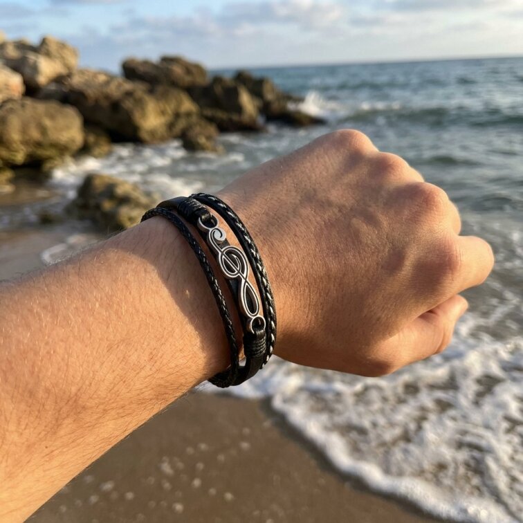 Kožený náramek s houslovým klíčem KAR292