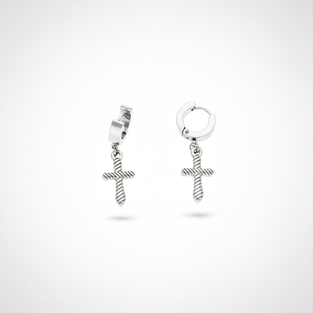 Stříbrné náušnice z chirurgické oceli s visacím křížkem 20 x 10 mm