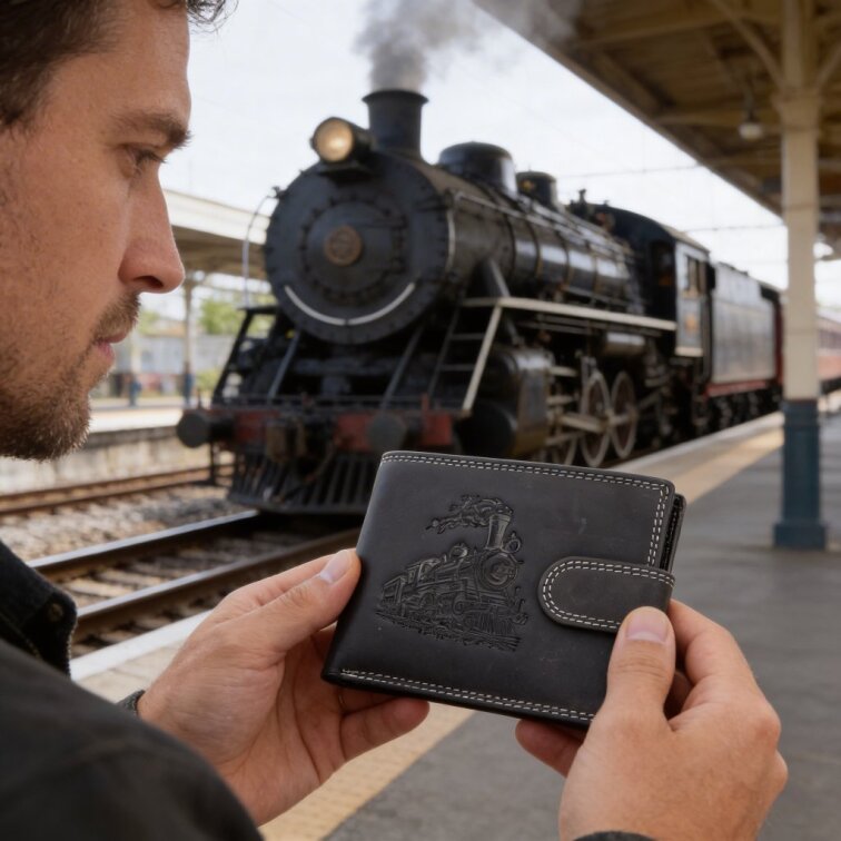 Pánská kožená peněženka černá s motivem Vlaku