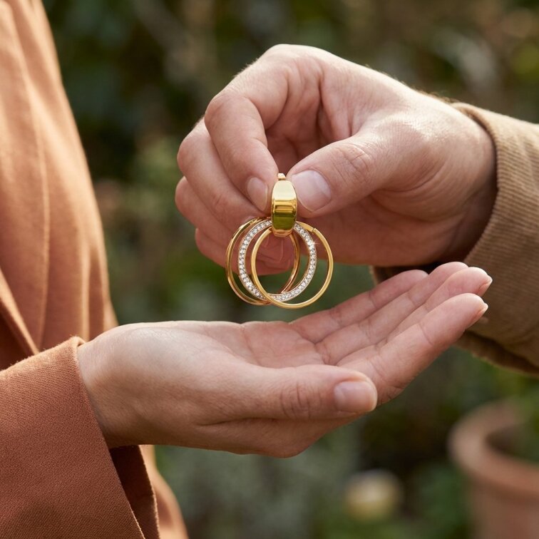 Ocelové náušnice Gold s kamínky a třemi kroužky