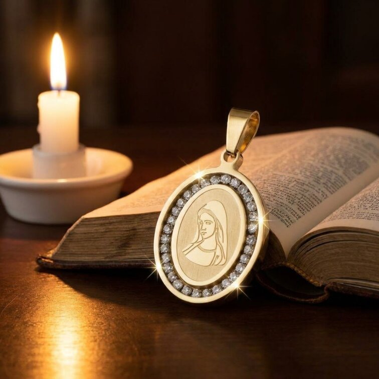 Přívěsek medailon Madonka s řetízkem s krystalky GOLD