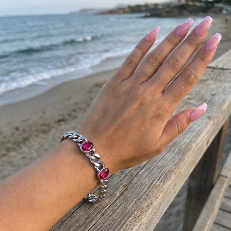 Dámský náramek stříbrný z chirurgické oceli růžový Pebbles