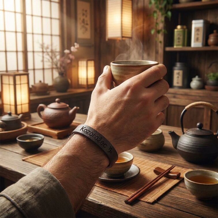 Pánský kožený náramek hnědý se znamením Kozorožec