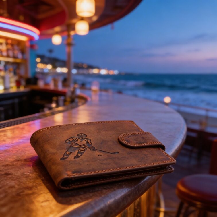 Pánská kožená peněženka hnědá s motivem hokejista