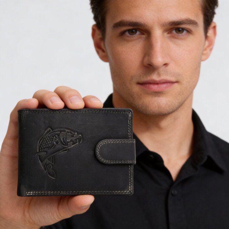 Pánská kožená peněženka černá s motivem Kapra