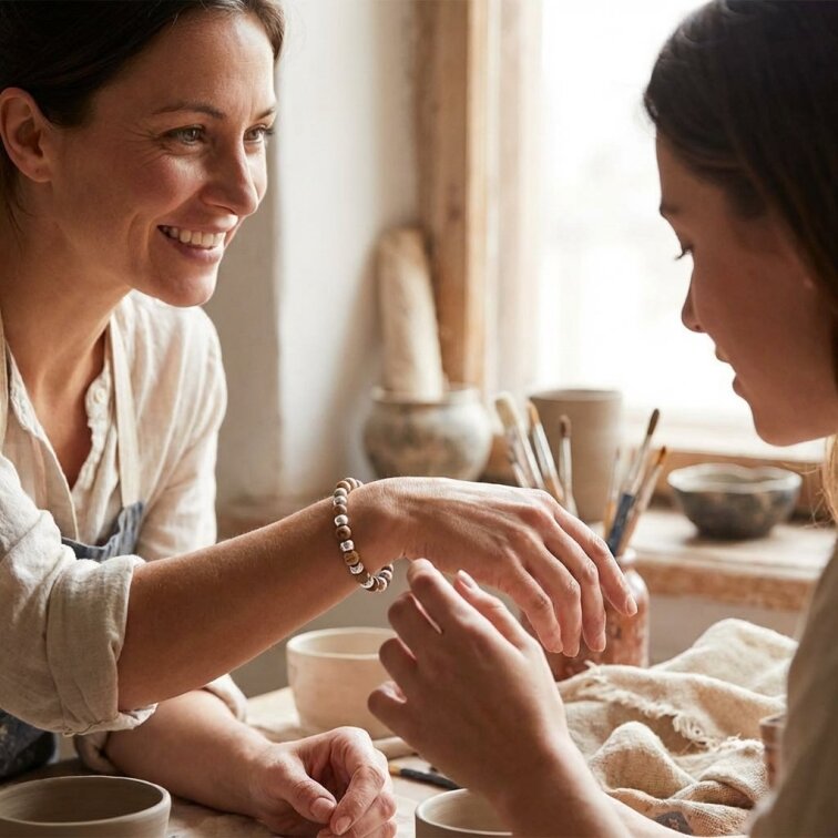 Stylový natahovací náramek s dřevěnými kuličkami - 21 cm