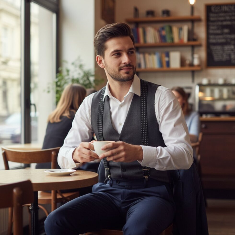 Elegantní pánské šedé kšandy MB2061 s koženkovým středem