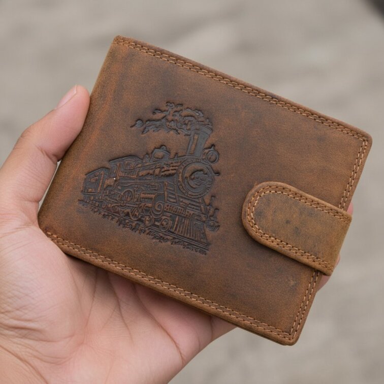 Pánská kožená peněženka hnědá s motivem Vlaku