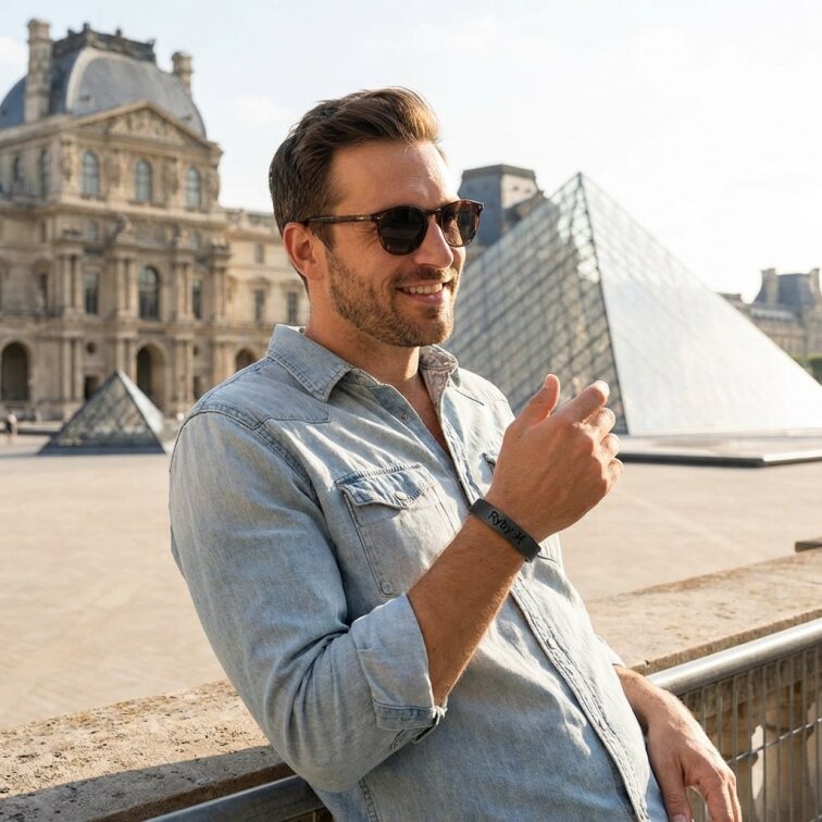 Pánský kožený náramek černý se znamením Ryby