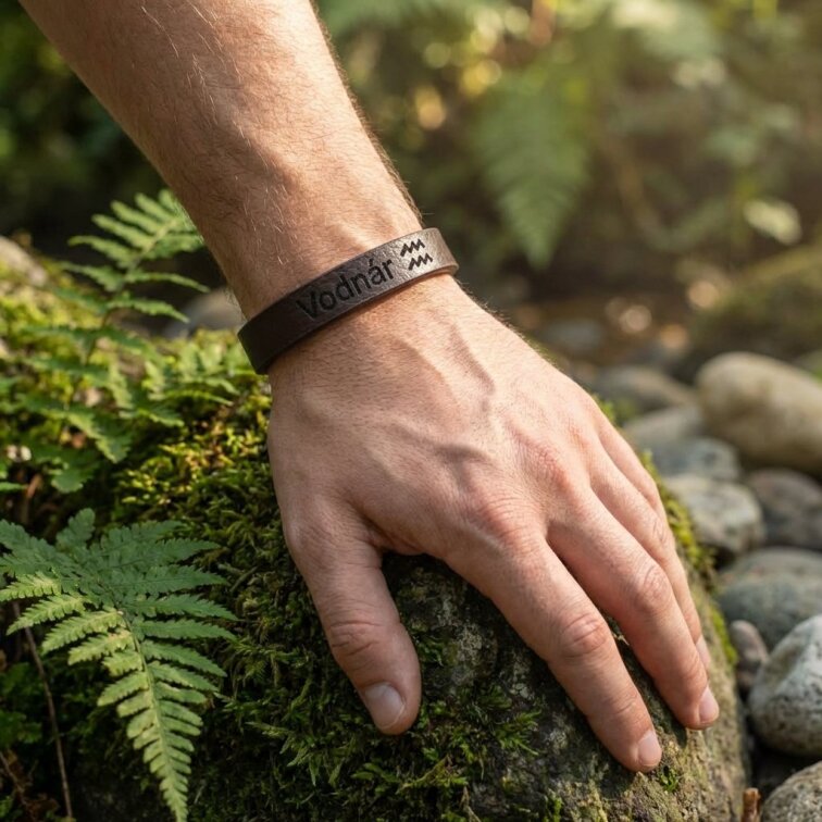 Pánský kožený náramek hnědý se znamením Vodnár