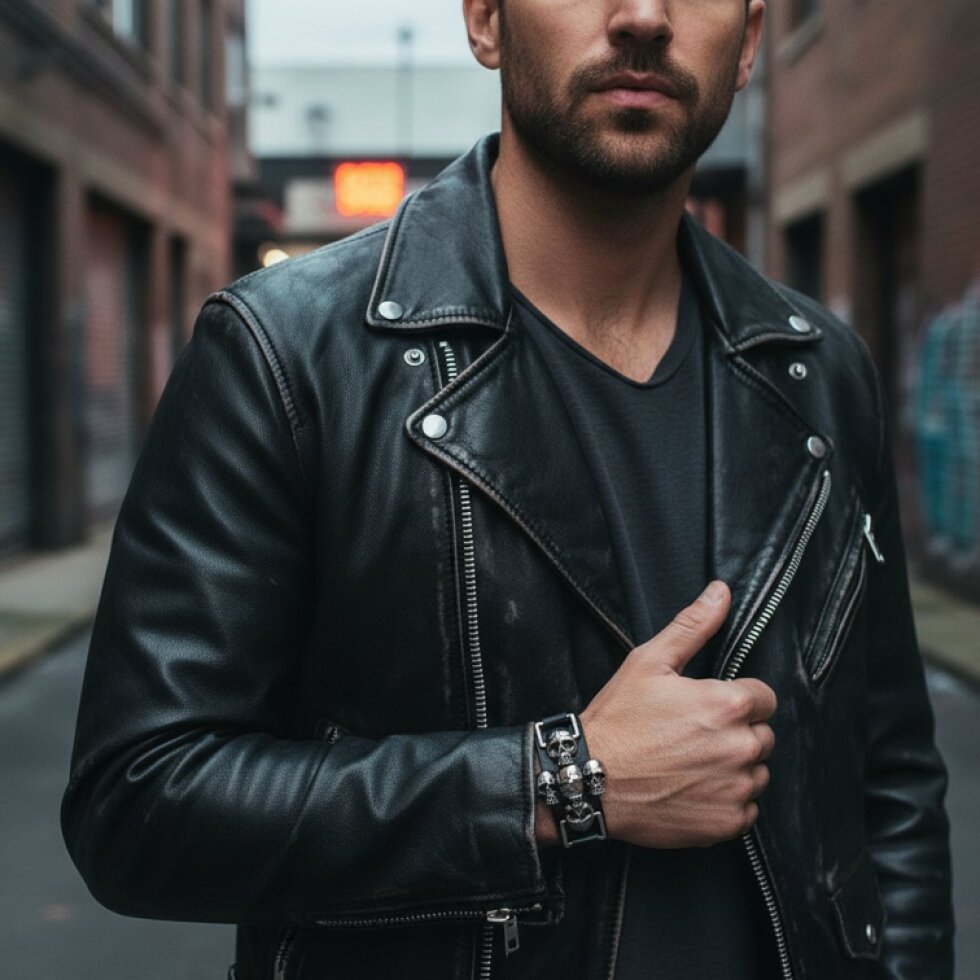 Kožený náramek s lebkkami