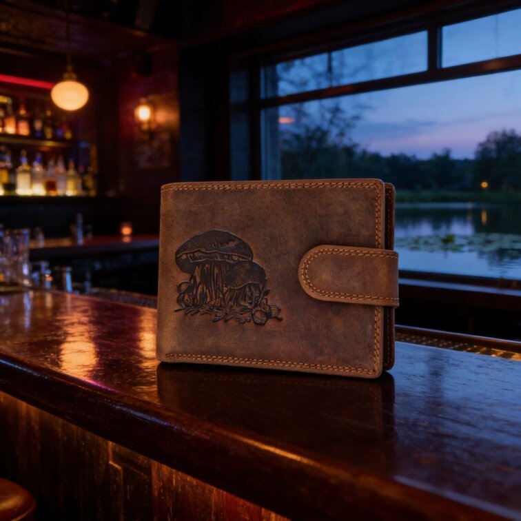 Pánská kožená peněženka hnědá s motivem Houby