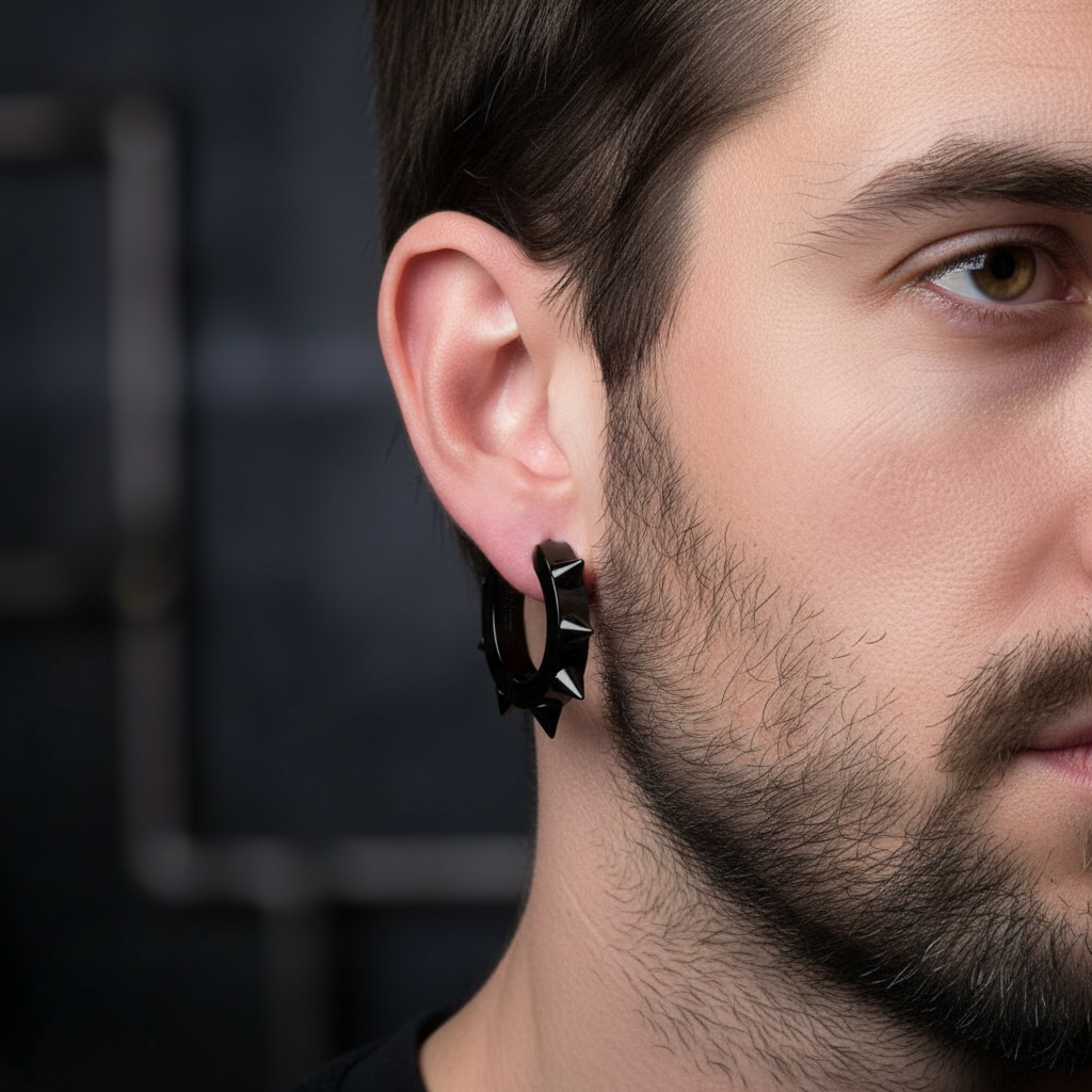 Černé ocelové náušnice - kroužky s ostny