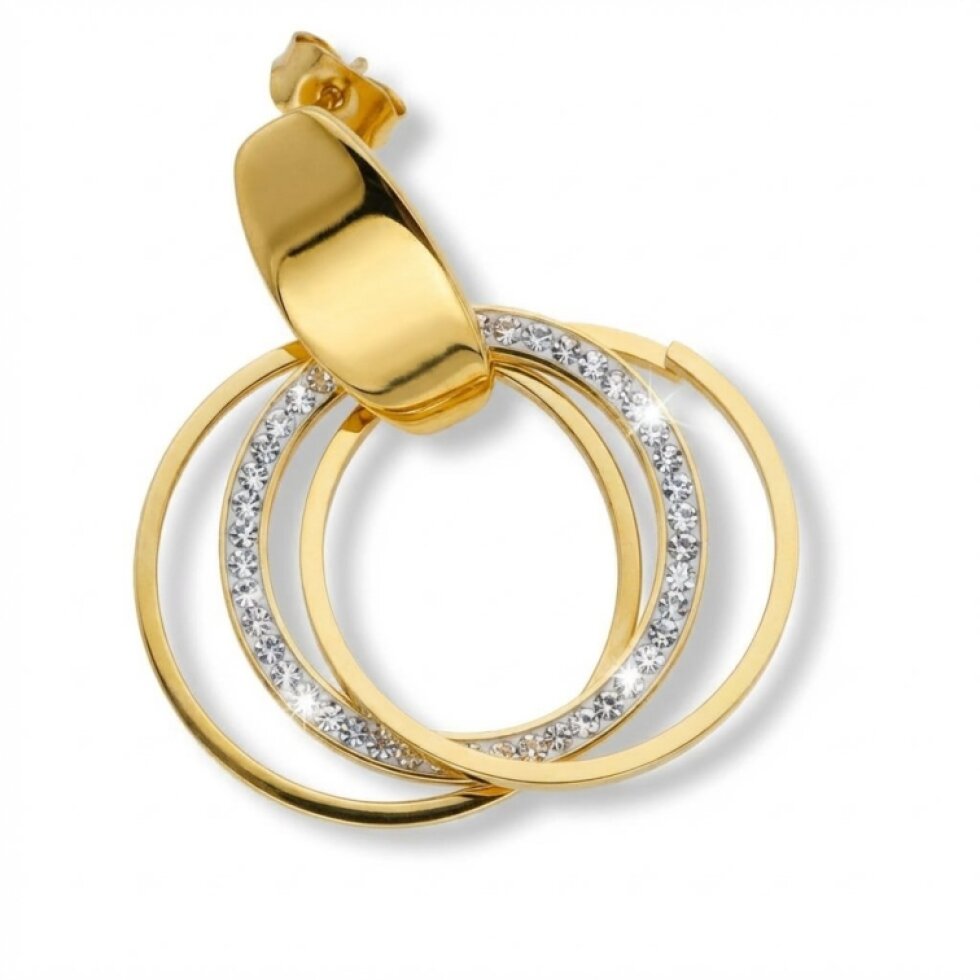 Ocelové náušnice Gold s kamínky a třemi kroužky