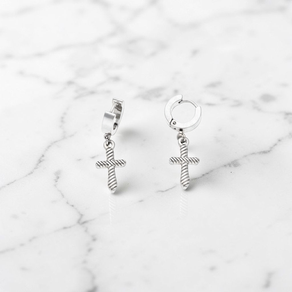 Stříbrné náušnice z chirurgické oceli s visacím křížkem 20 x 10 mm