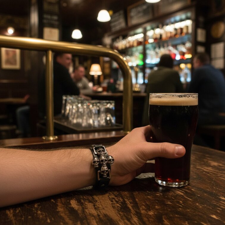 Kožený náramek s lebkkami