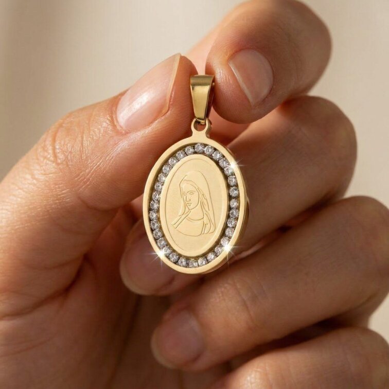 Přívěsek medailon Madonka s řetízkem s krystalky GOLD
