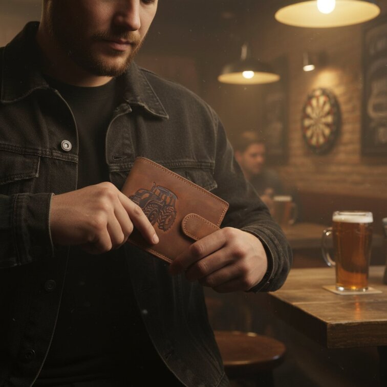 Pánská kožená peněženka hnědá s motivem Traktor