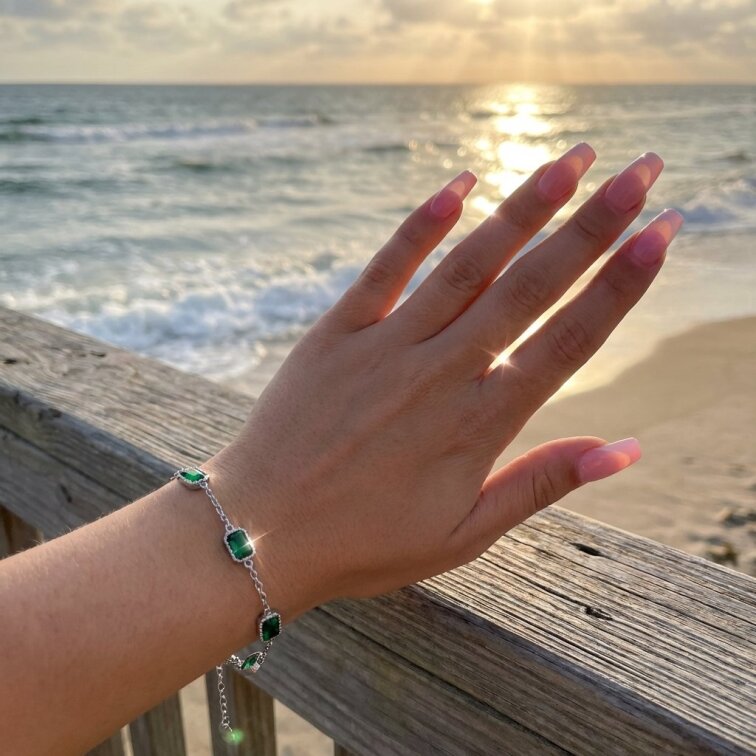 Dámský náramek stříbrný z chirurgické oceli zelený Akaha