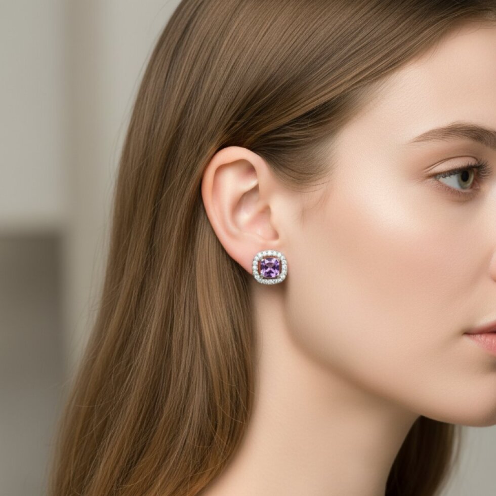 Ocelové náušnice Nerina s fialovými zirkony - EW 323