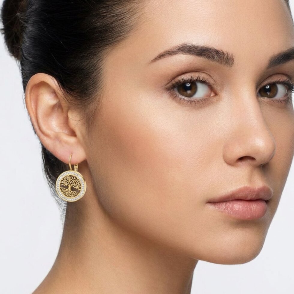 Elegantní Ocelové Náušnice Strom Života Gold s Krystaly